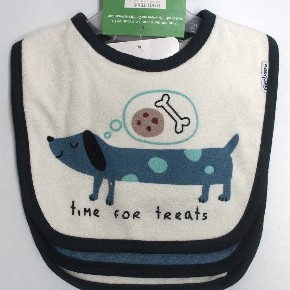 3 Gerber Bibs - Time For Treats - 2 Graphic Multi Color & 1 Solid